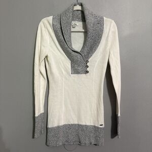 Guess Pullover Sweater Womens Med Fitted Knit Rib Cuff Shawl Collar Button Read